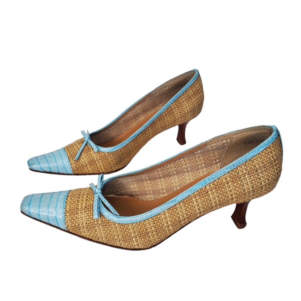 Stuart Weitzman Light Blue Leather & Raffia Heels 8.5, Vintage Spring Shoes